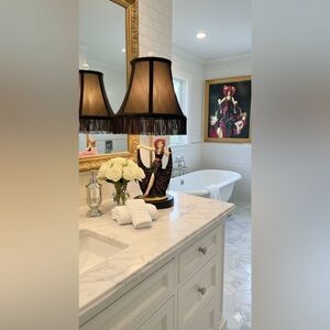 VTG MCM Dancing Lady Lamp-black, pink, white polka dot dress & gold accents.